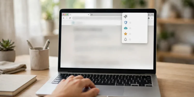 A laptop on a desk showing a browser extensions menu open beside the address bar, with a hand on the trackpad