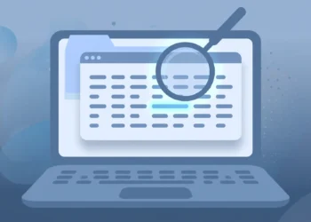 Illustration of a laptop with a magnifying glass over a highlighted row in a task manager window on its screen