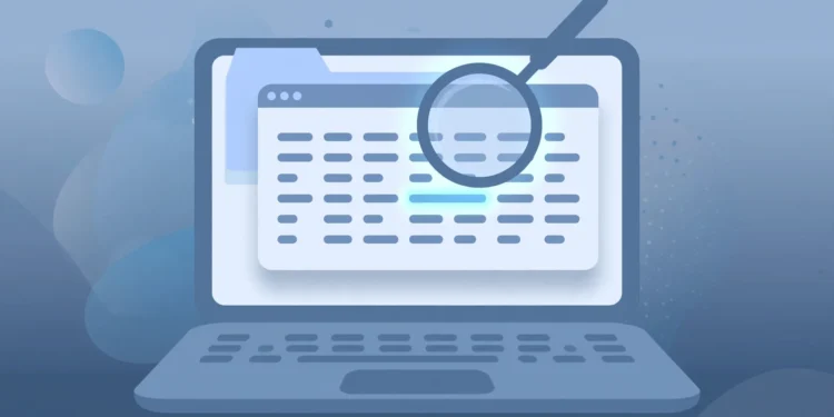 Illustration of a laptop with a magnifying glass over a highlighted row in a task manager window on its screen
