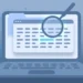 Illustration of a laptop with a magnifying glass over a highlighted row in a task manager window on its screen