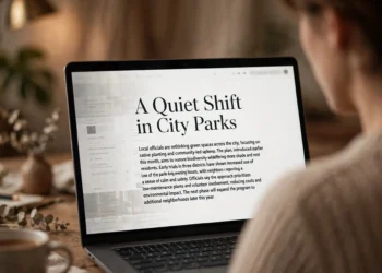 Person reading a news article in a clean, clutter-free reader view on a laptop, with the busy original webpage faded at the edge of the screen