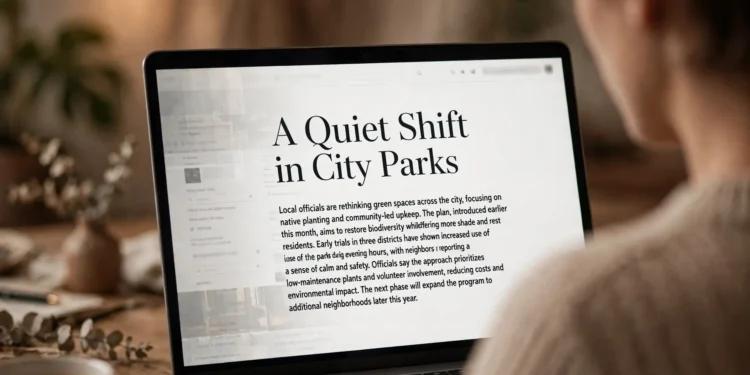 Person reading a news article in a clean, clutter-free reader view on a laptop, with the busy original webpage faded at the edge of the screen