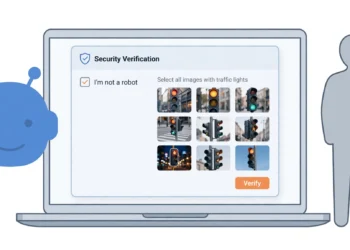 Illustration of a laptop showing a security verification puzzle — an "I'm not a robot" checkbox beside a grid of traffic-light photos, with a blue robot icon and a human figure on either side.