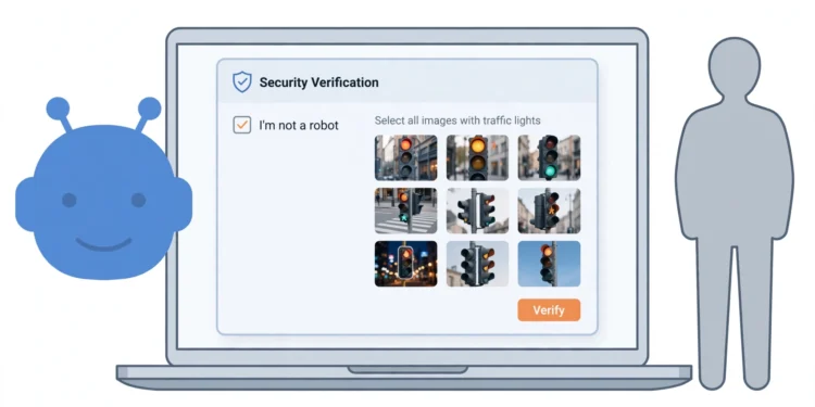 Illustration of a laptop showing a security verification puzzle — an "I'm not a robot" checkbox beside a grid of traffic-light photos, with a blue robot icon and a human figure on either side.