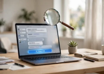 Laptop displaying an AI chatbot conversation with a glowing share-link button and a magnifying glass above the screen