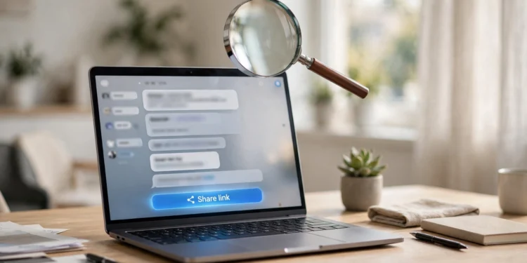 Laptop displaying an AI chatbot conversation with a glowing share-link button and a magnifying glass above the screen