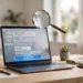 Laptop displaying an AI chatbot conversation with a glowing share-link button and a magnifying glass above the screen
