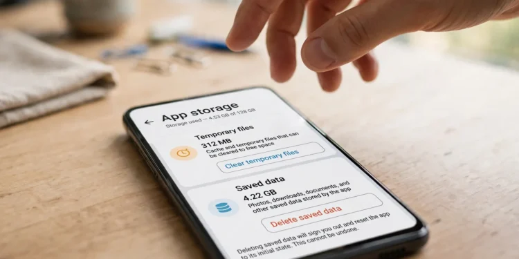 A smartphone on a wooden desk showing an App storage screen with Temporary files of 312 MB above Saved data of 4.22 GB, a hand hovering over the choice between clearing temporary files and deleting saved data
