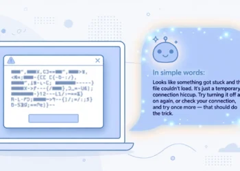 Flat illustration of a laptop showing a confusing error dialog next to a friendly chatbot speech bubble translating the error into simple words