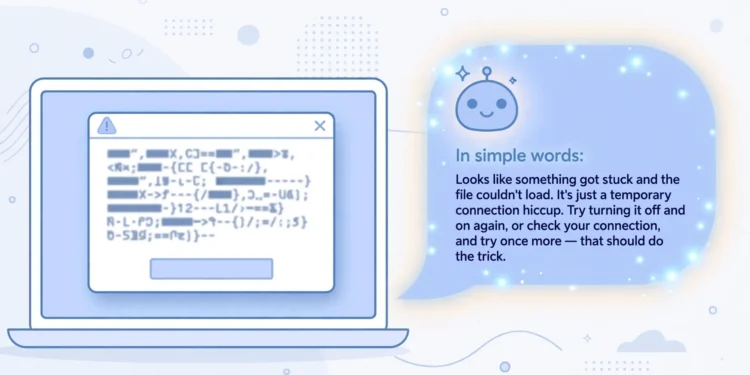 Flat illustration of a laptop showing a confusing error dialog next to a friendly chatbot speech bubble translating the error into simple words