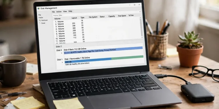 A portable external hard drive connected by USB to a laptop showing Disk Management with a drive that has no drive letter assigned