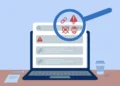 Flat illustration of a laptop search-results page with a red warning triangle on the top result and a magnifying glass exposing scam icons