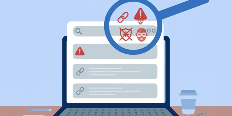 Flat illustration of a laptop search-results page with a red warning triangle on the top result and a magnifying glass exposing scam icons
