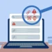 Flat illustration of a laptop search-results page with a red warning triangle on the top result and a magnifying glass exposing scam icons