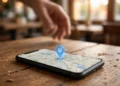 Photograph of a smartphone lying on a wooden café table, its screen showing a map with a glowing blue location pin, a hand reaching toward it in the background
