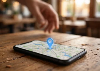 Photograph of a smartphone lying on a wooden café table, its screen showing a map with a glowing blue location pin, a hand reaching toward it in the background