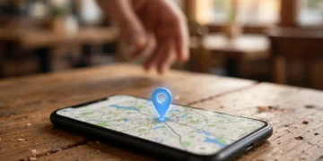 Photograph of a smartphone lying on a wooden café table, its screen showing a map with a glowing blue location pin, a hand reaching toward it in the background