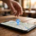 Photograph of a smartphone lying on a wooden café table, its screen showing a map with a glowing blue location pin, a hand reaching toward it in the background