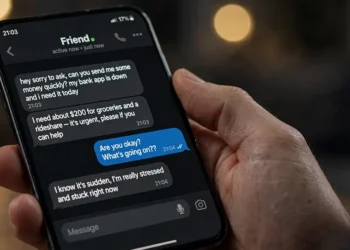 A smartphone showing chat messages from a friend's account urgently asking for money, illustrating an account-takeover scam