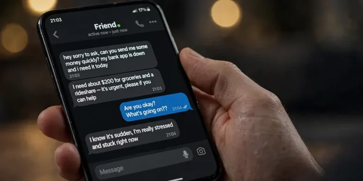 A smartphone showing chat messages from a friend's account urgently asking for money, illustrating an account-takeover scam