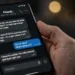 A smartphone showing chat messages from a friend's account urgently asking for money, illustrating an account-takeover scam