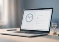 Illustration of a laptop showing an account settings screen with a clock and checklist, next to an hourglass — symbolising a Google account inactivity plan.