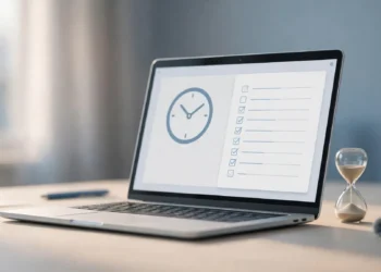 Illustration of a laptop showing an account settings screen with a clock and checklist, next to an hourglass — symbolising a Google account inactivity plan.