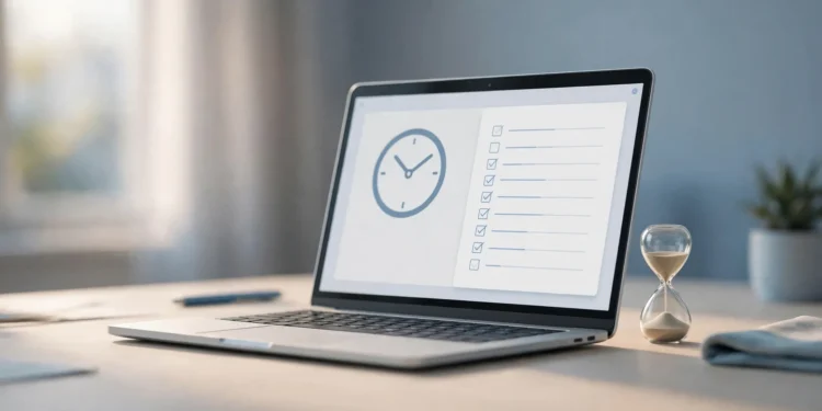Illustration of a laptop showing an account settings screen with a clock and checklist, next to an hourglass — symbolising a Google account inactivity plan.