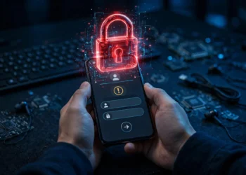 Hands holding a smartphone showing a login screen, with a glowing red padlock security icon floating above it