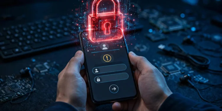 Hands holding a smartphone showing a login screen, with a glowing red padlock security icon floating above it