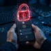 Hands holding a smartphone showing a login screen, with a glowing red padlock security icon floating above it