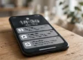 Smartphone on a wooden table with its lock screen visible and notification cards blurred out, illustrating hidden notification previews