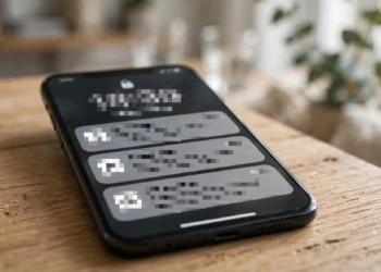 Smartphone on a wooden table with its lock screen visible and notification cards blurred out, illustrating hidden notification previews