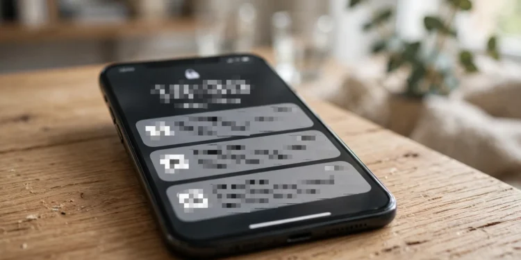 Smartphone on a wooden table with its lock screen visible and notification cards blurred out, illustrating hidden notification previews
