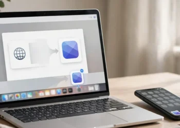 A laptop and smartphone on a desk showing a website being turned into a standalone app icon