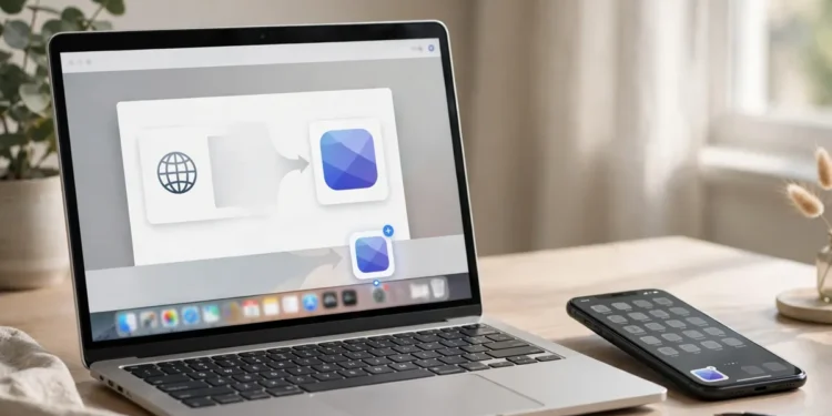 A laptop and smartphone on a desk showing a website being turned into a standalone app icon