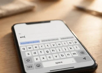A smartphone on a desk with its on-screen keyboard open, the suggestion bar showing a typed shortcut expanding into a full email address
