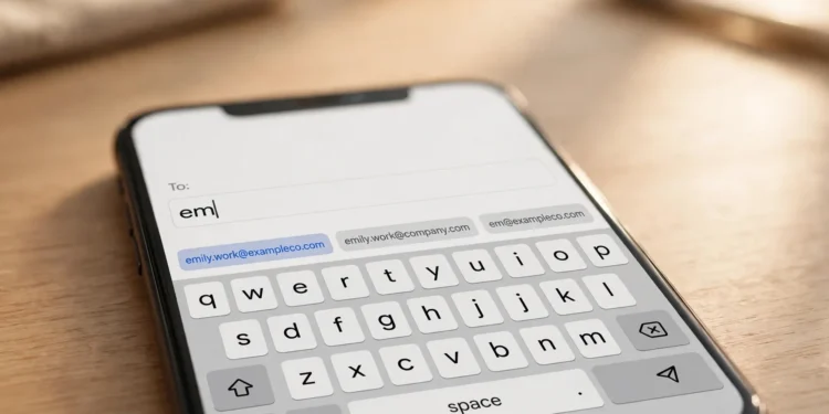 A smartphone on a desk with its on-screen keyboard open, the suggestion bar showing a typed shortcut expanding into a full email address