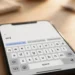 A smartphone on a desk with its on-screen keyboard open, the suggestion bar showing a typed shortcut expanding into a full email address