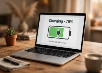A laptop on a wooden desk displaying a battery charging indicator at 76 percent