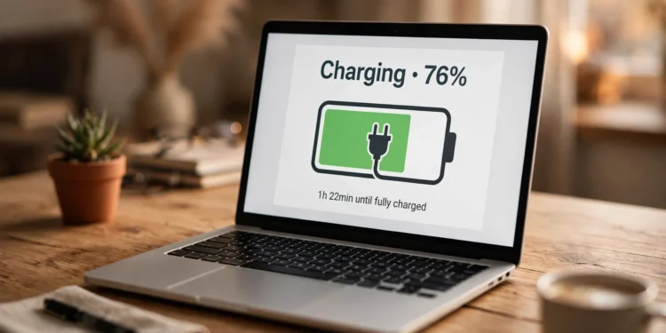 A laptop on a wooden desk displaying a battery charging indicator at 76 percent