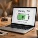 A laptop on a wooden desk displaying a battery charging indicator at 76 percent
