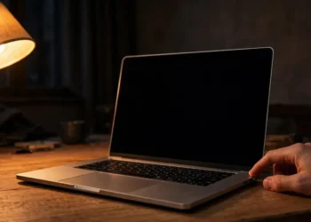 A laptop with a dark screen on a desk at night, a hand reaching toward the power button