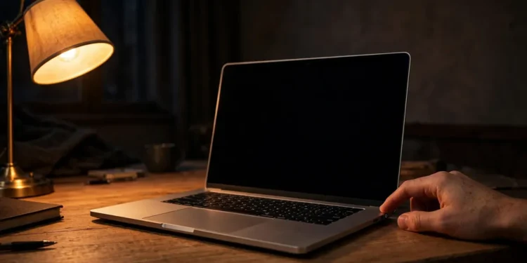 A laptop with a dark screen on a desk at night, a hand reaching toward the power button