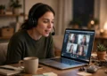 Woman wearing a headset with a microphone boom speaking during a video call on her laptop at a home desk