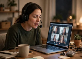 Woman wearing a headset with a microphone boom speaking during a video call on her laptop at a home desk