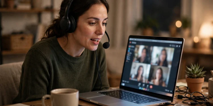 Woman wearing a headset with a microphone boom speaking during a video call on her laptop at a home desk