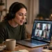 Woman wearing a headset with a microphone boom speaking during a video call on her laptop at a home desk