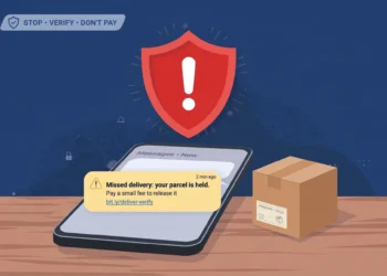 Illustration of a smartphone on a desk showing a suspicious missed-delivery text asking for a small fee, with a red warning shield and a cardboard parcel box