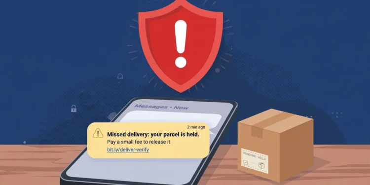 Illustration of a smartphone on a desk showing a suspicious missed-delivery text asking for a small fee, with a red warning shield and a cardboard parcel box